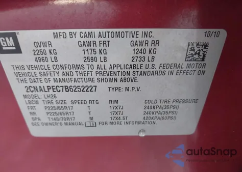 2011 Chevrolet Equinox 2Lt z USA, uszkodzony, nr VIN 2CNALPEC7B6252227